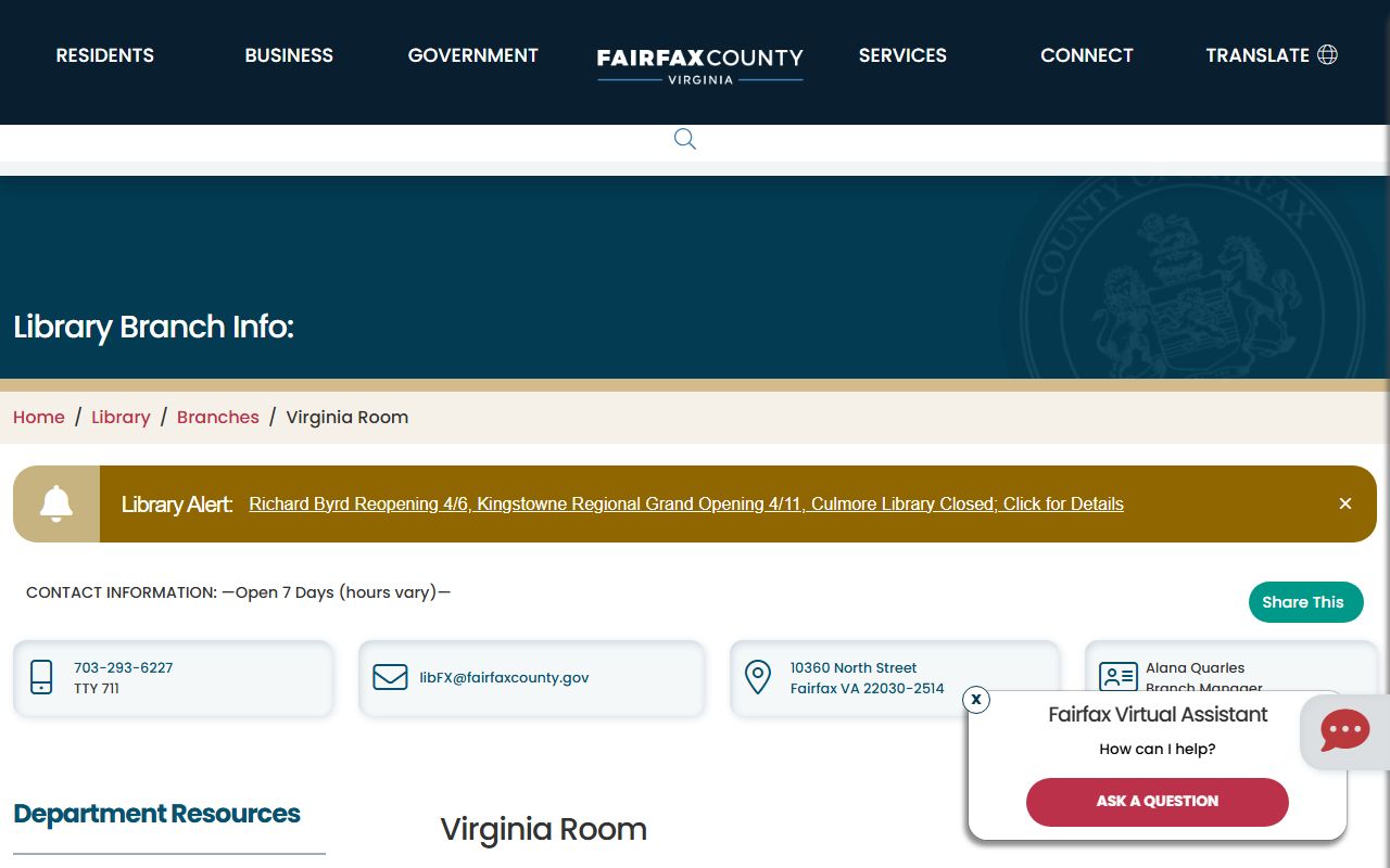 Fairfax County Public Library Virginia Room - Genealogy Resources