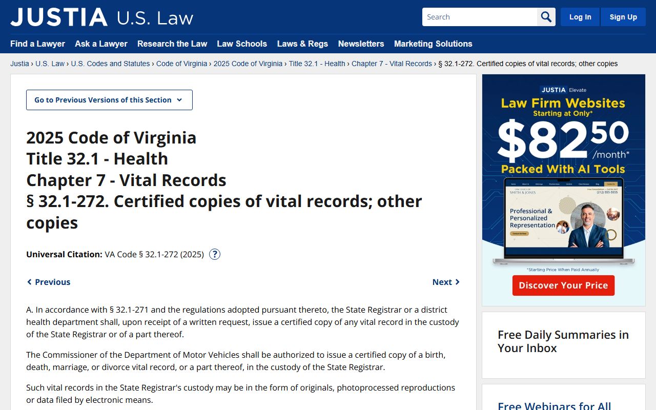 Virginia Code Section 32.1-272 DMV Birth Certificate Services