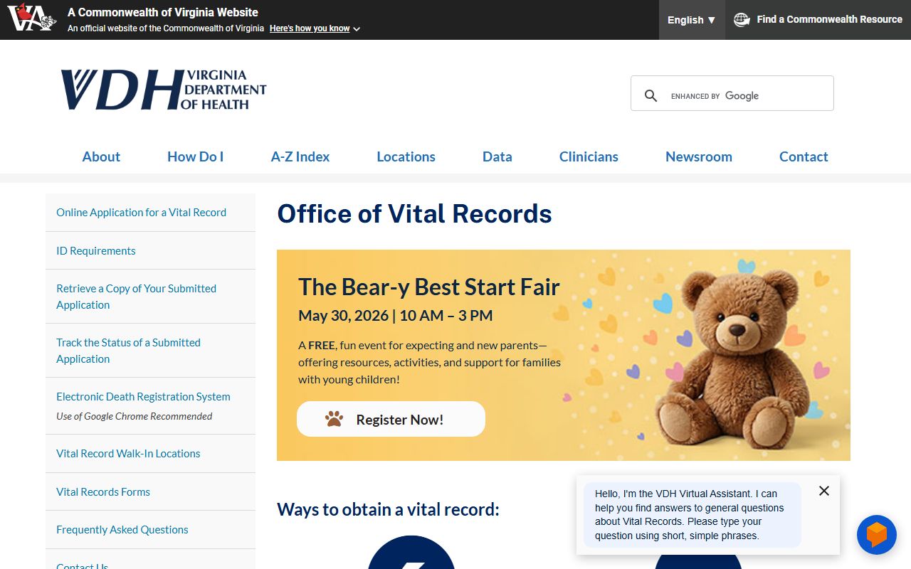 Virginia Department of Health Office of Vital Records - Virginia Birth Records